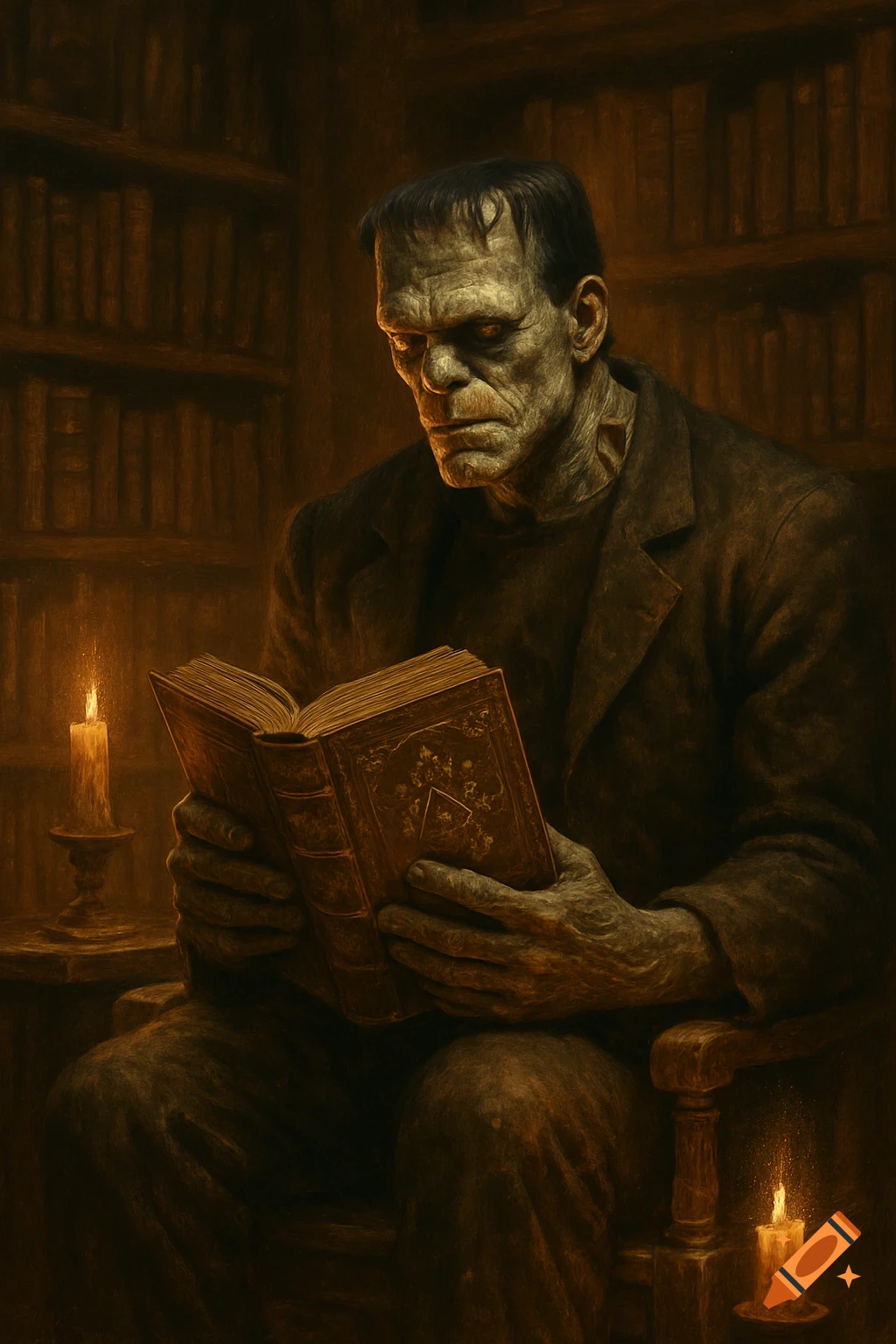 Frankenstein's monster sits in a dim library, engrossed in an old book by candlelight in a dark, painterly style.