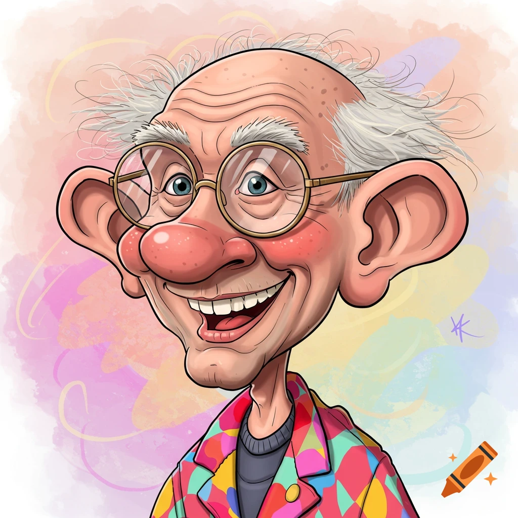 Colorful caricature of a smiling old man with large ears, a big nose, glasses, and a patterned jacket.