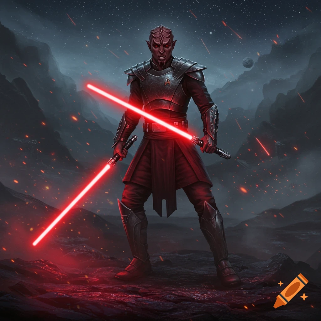A red-skinned alien warrior in dark armor with glowing red eyes and horns holds two red lightsabers in a stormy, mountainous landscape.