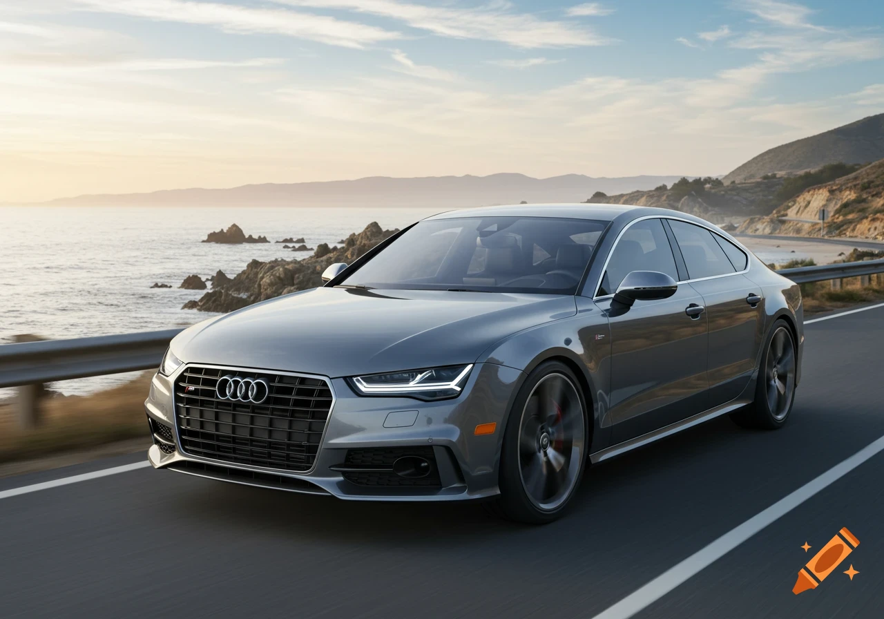 A gray Audi S7 drives along a coastal highway at sunset, with a vast ocean and mountains in the background.