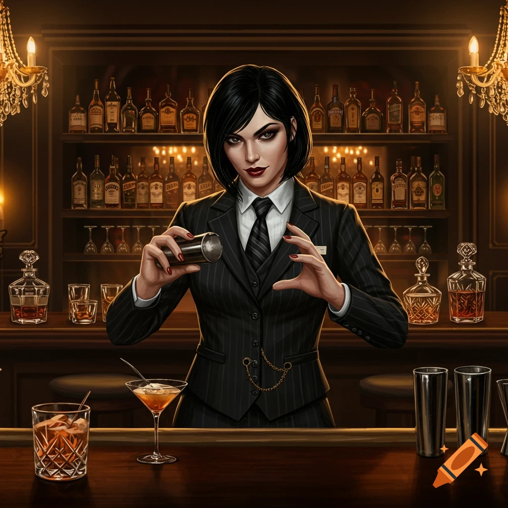 A stylish woman bartender in a pinstripe suit mixes a drink behind a well-stocked bar, in a detailed digital art style.