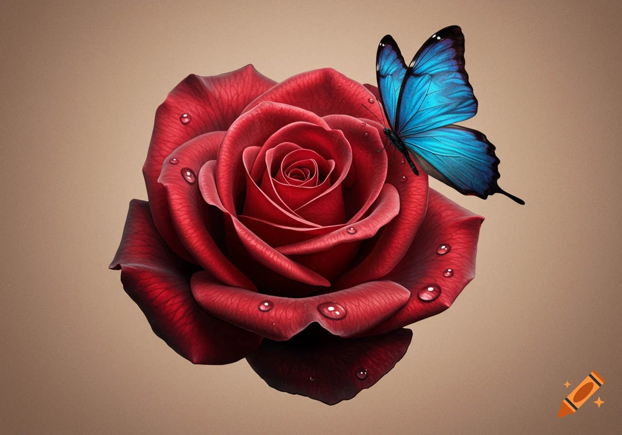 A vibrant red rose with water droplets and a blue butterfly on a petal, depicted in a tattoo art style.