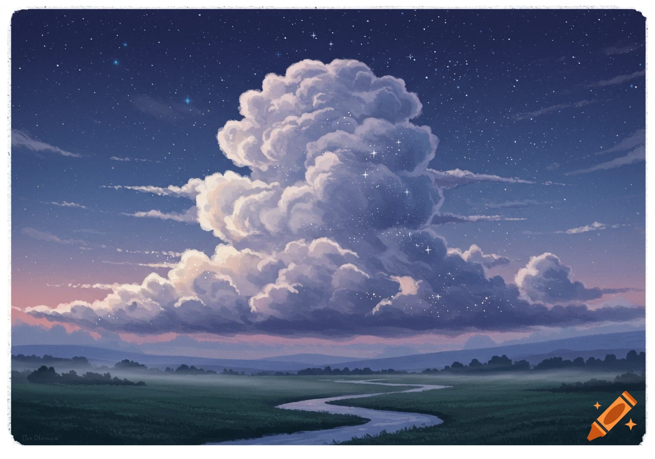 Dreamy illustration of a massive, star-sprinkled cloud over a misty, green landscape with a winding river under a starry night sky.