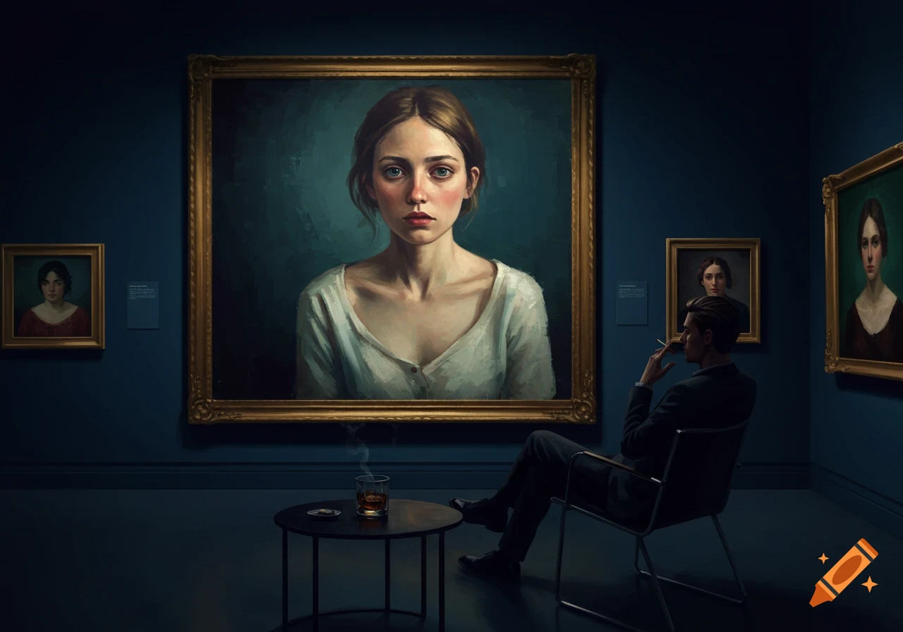 A man sits in an art gallery, smoking a cigarette and drinking whiskey, contemplating a large portrait of a woman.