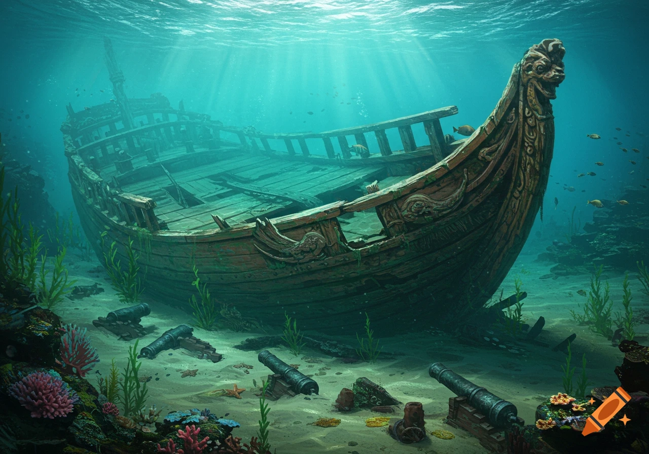 A detailed ornate wooden shipwreck rests on the sandy seafloor among coral, seaweed, and cannons, with sunbeams piercing the blue water.
