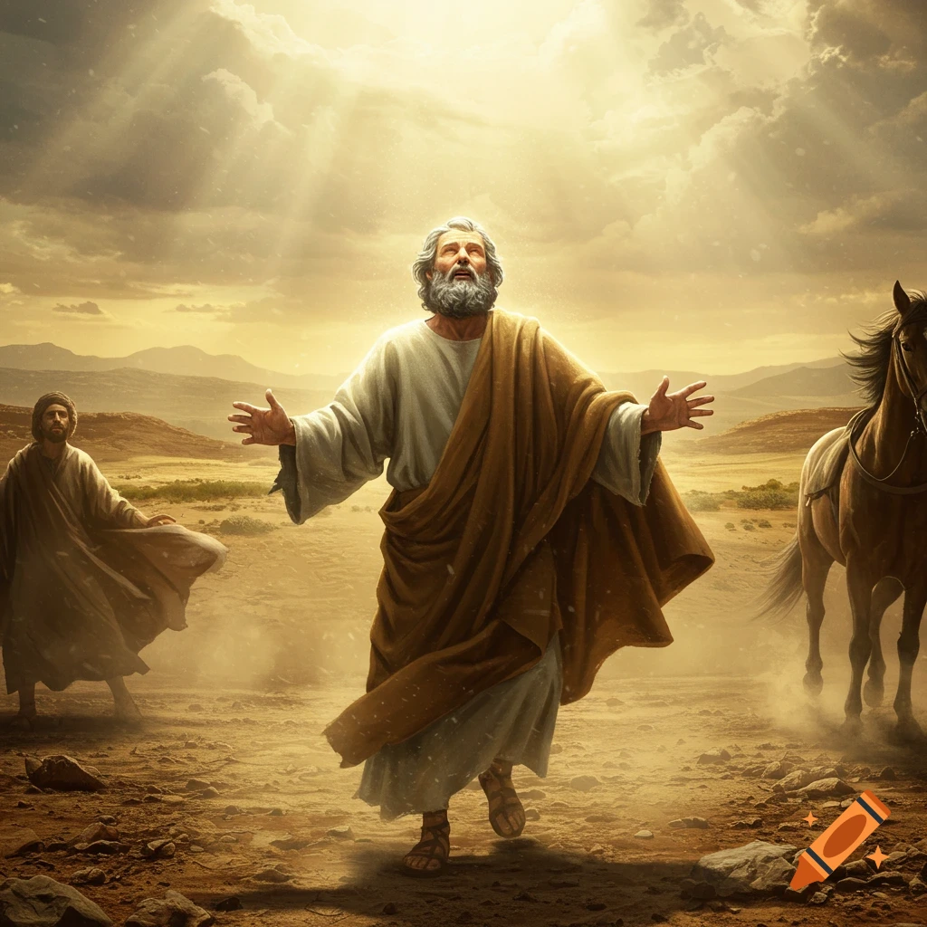 An old bearded man with outstretched arms looks to the sky as light shines down on him in a desert with another man and a horse.
