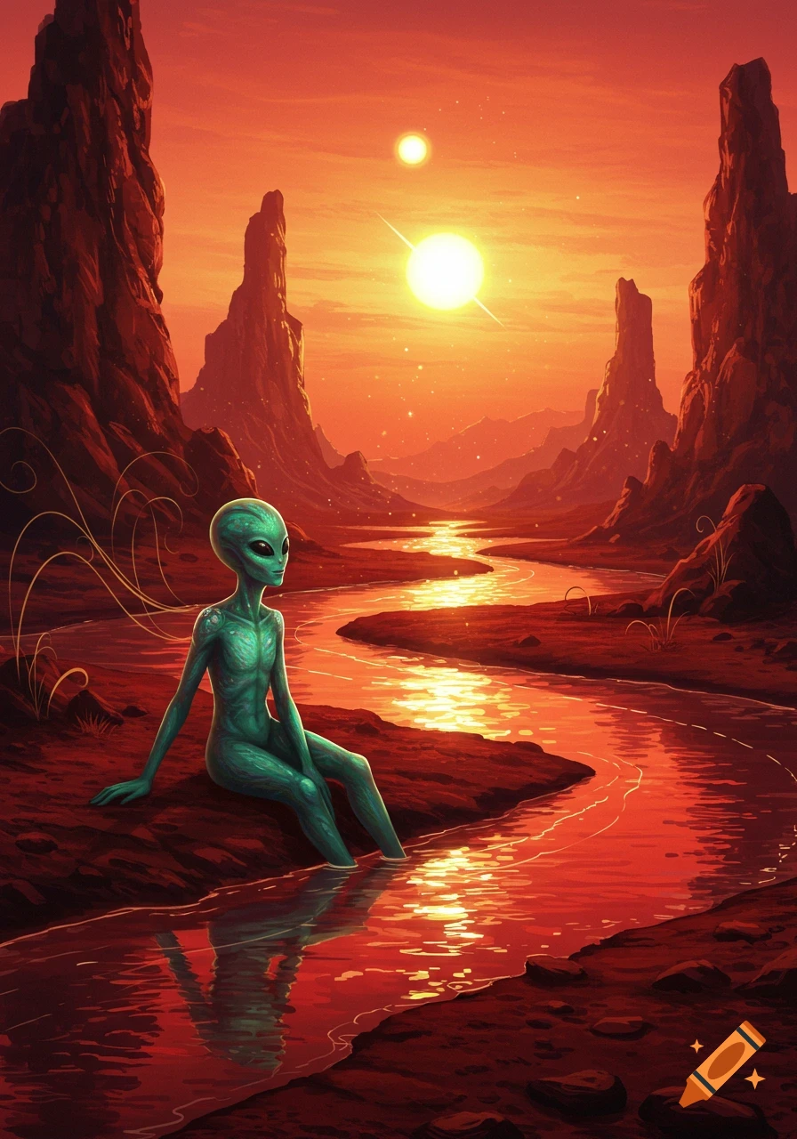 A teal alien with large dark eyes sits by a glowing red river on a desolate alien landscape under an orange sky with two suns.