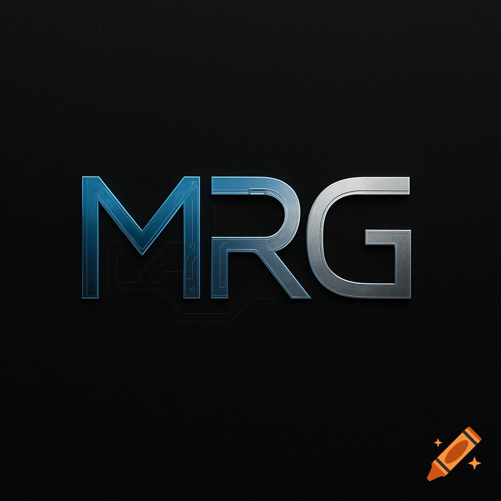 Metallic blue and silver 'MRG' logo with subtle circuit board patterns on a dark background.