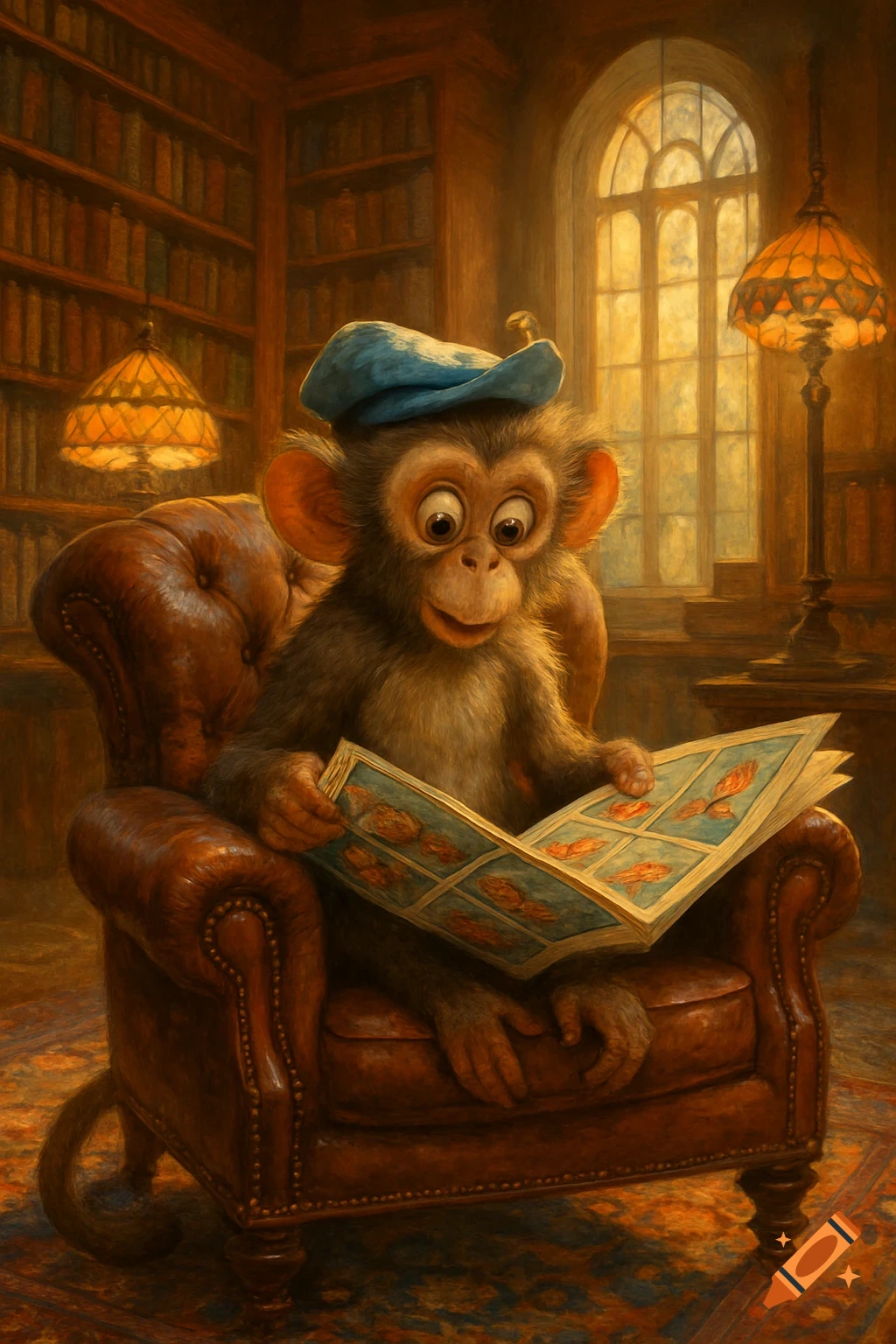 A cute monkey wearing a blue hat sits in a brown leather armchair, reading a comic book in a cozy, warm-lit library.