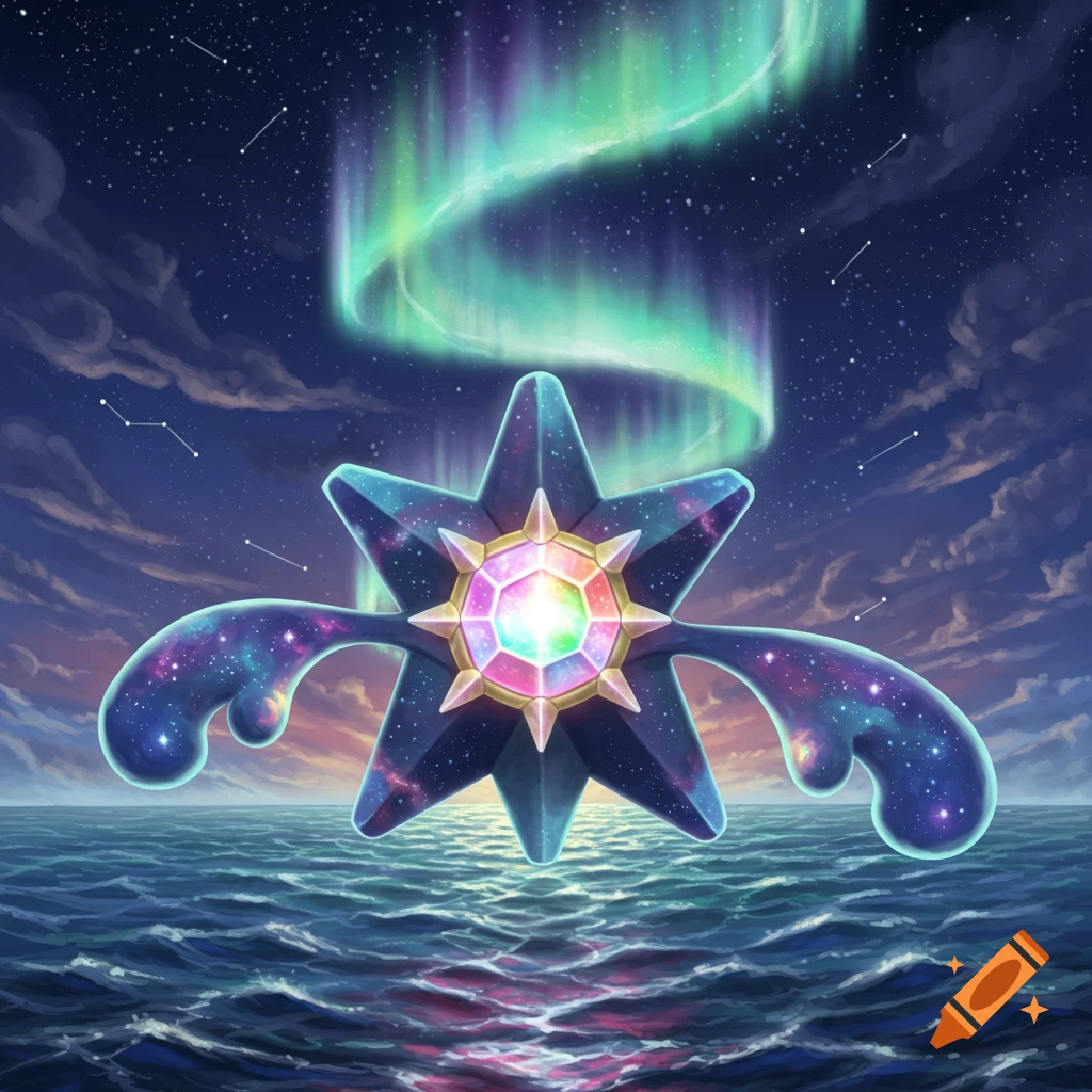 A cosmic-patterned Starmie with a rainbow gem core hovers above a reflective ocean, under a starry night sky with a vibrant green aurora.