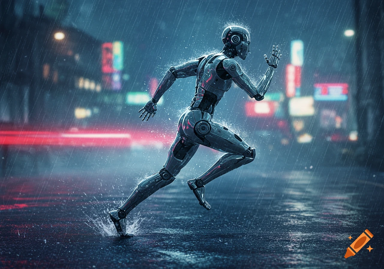 A detailed humanoid robot runs through a rainy cyberpunk city street at night, splashing water with its feet.
