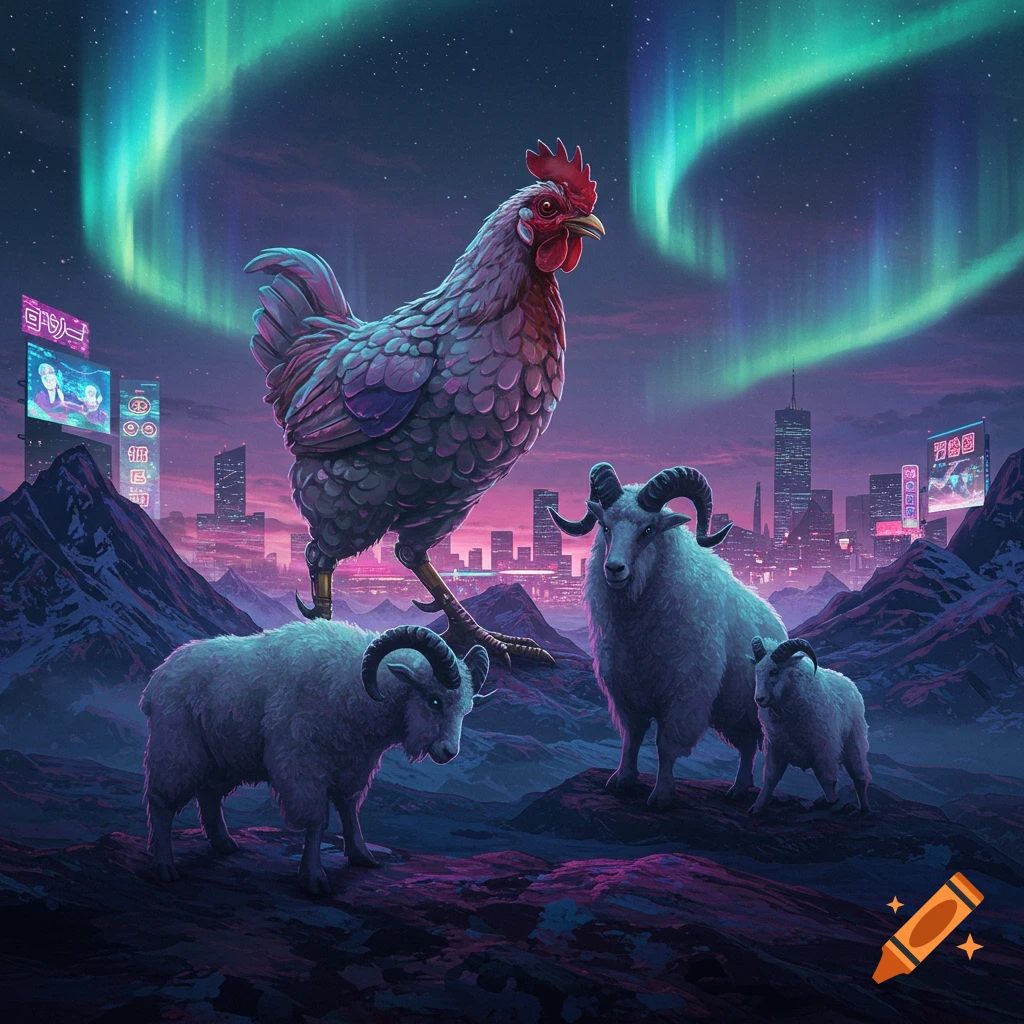 A giant chicken stands among mountain goats in a vibrant cyberpunk cityscape under an aurora borealis sky, stylized art.