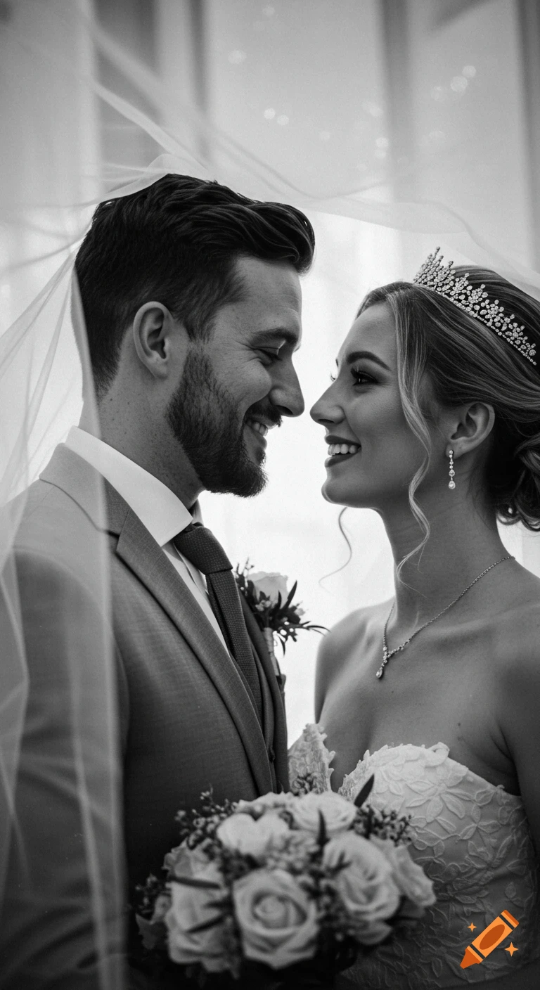 Black and white romantic portrait of a smiling bride and groom looking into each other's eyes under a veil.
