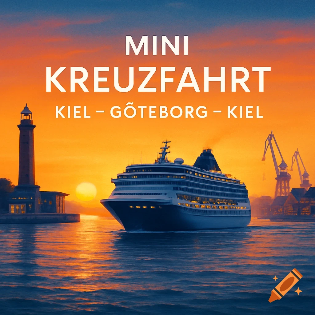 A cruise ship sails past a lighthouse and cranes in a harbor at sunset with vibrant orange and blue skies. Text reads 'Mini Kreuzfahrt Kiel – Göteborg – Kiel'.