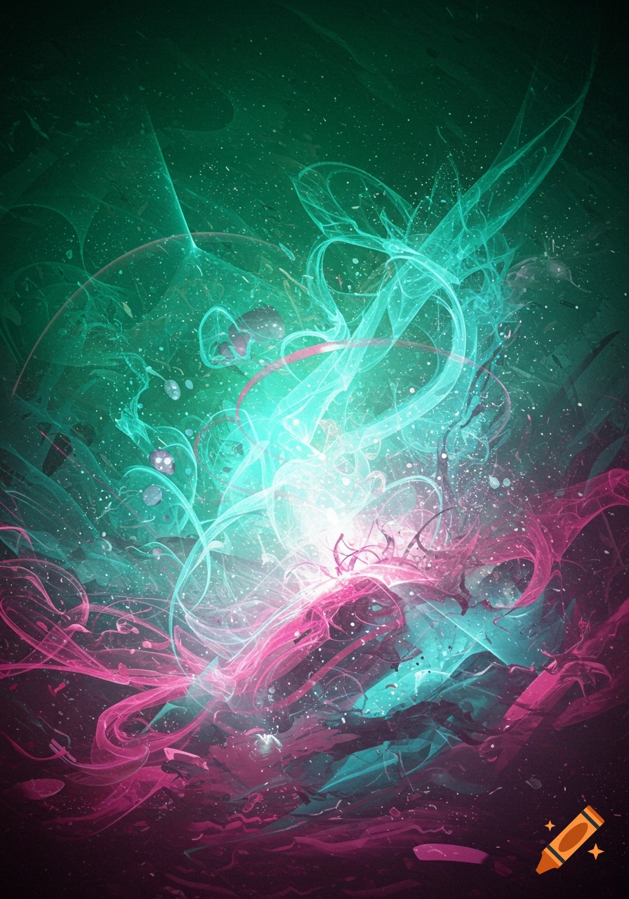 Energetic abstract digital art with swirling teal, pink, and white light trails against a dark green background.