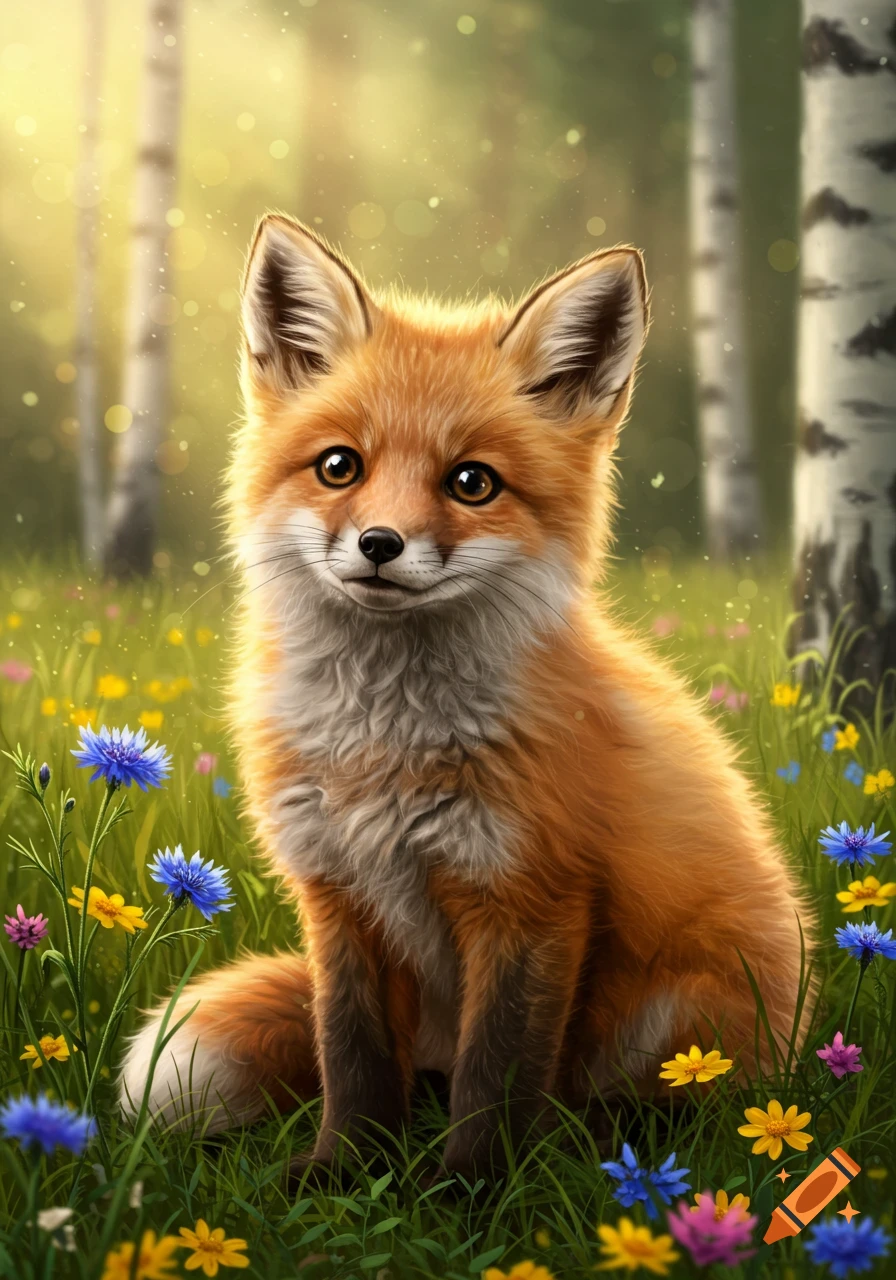 A cute, fluffy red fox sits in a sunlit field of colorful wildflowers with birch trees in the background, digital art style.