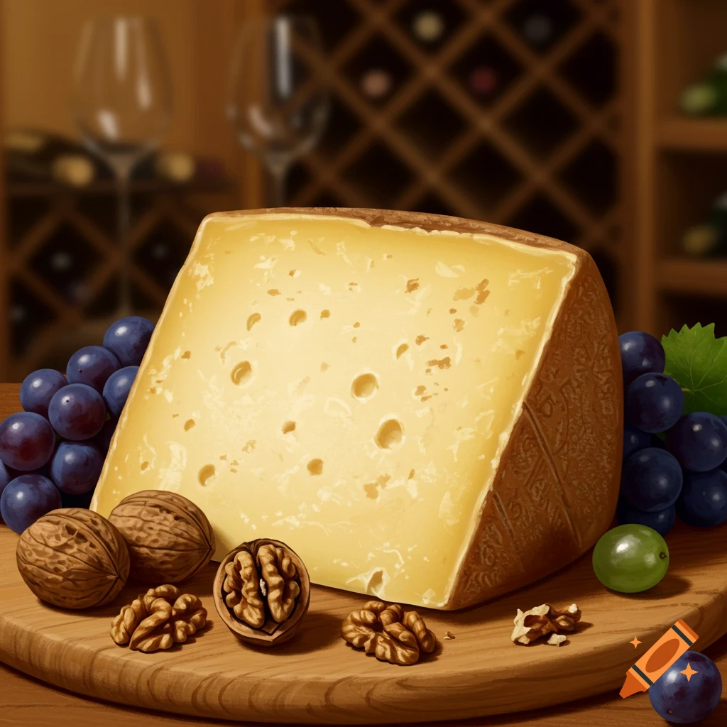A large wedge of Swiss-style cheese with many holes rests on a wooden cutting board, surrounded by walnuts and bunches of dark grapes, with a blurred wine cellar background.