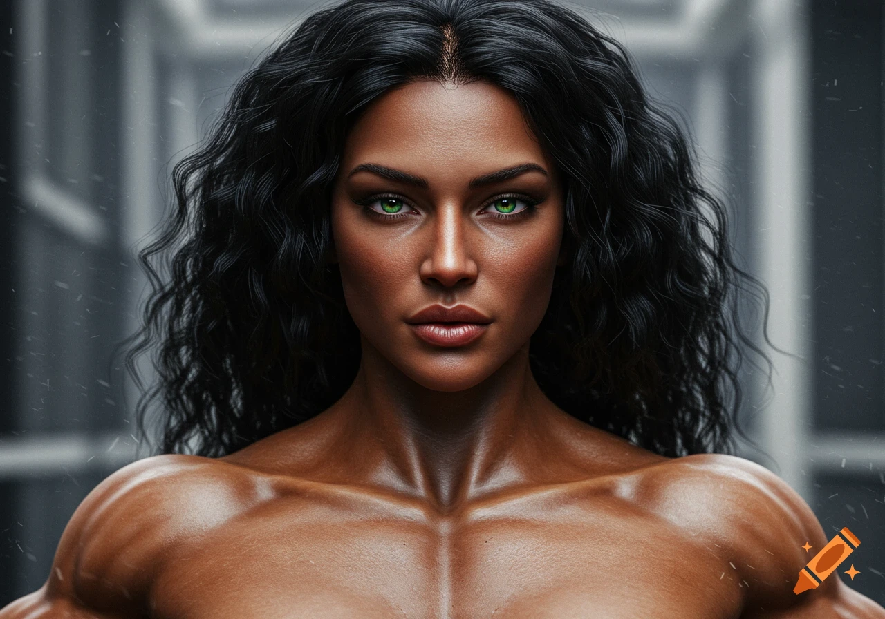 Close-up photorealistic portrait of a muscular woman with dark skin, dark wavy hair, and striking green eyes, looking directly forward.