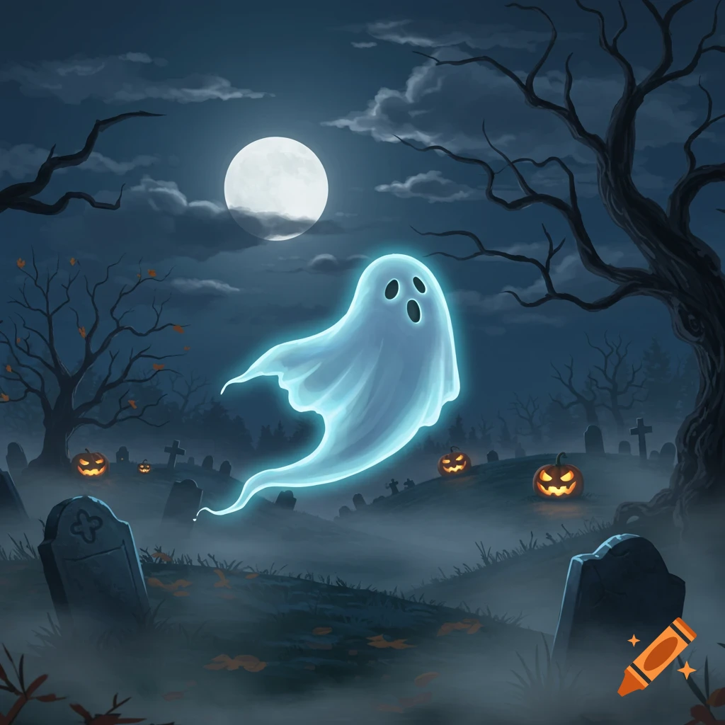 A glowing blue ghost floats above a foggy graveyard with jack-o'-lanterns and leafless trees under a full moon.