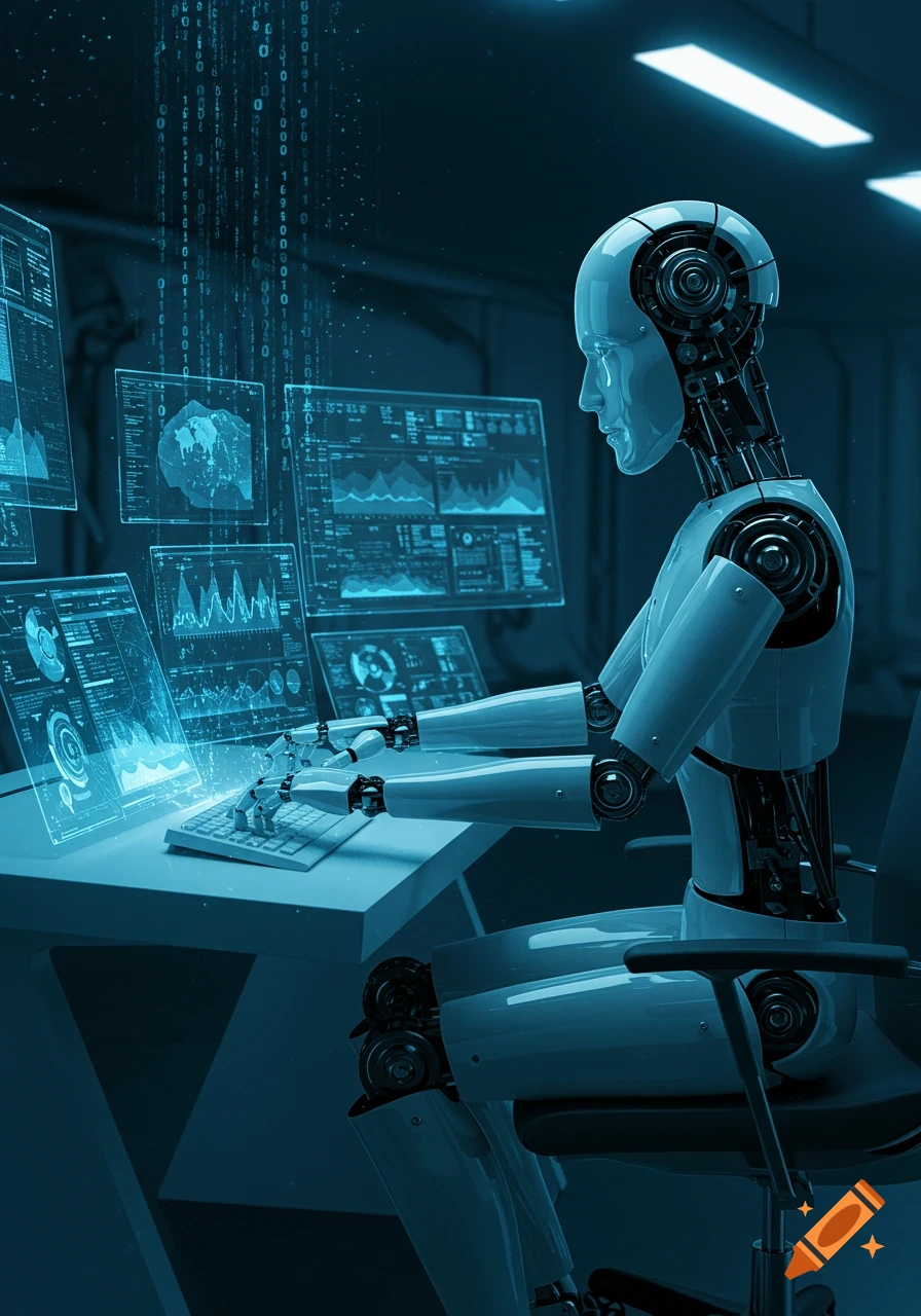 A sleek, white robot works at a desk with glowing blue holographic screens displaying data and charts in a dark, futuristic computer lab with binary code falling from above.