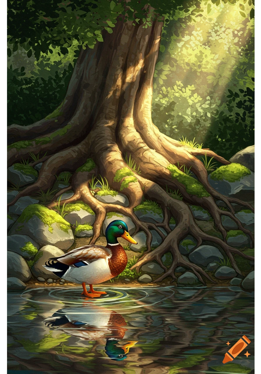 A mallard duck stands in shallow water with ripples, its reflection visible, next to large, exposed tree roots under dappled sunlight. Stylized illustration.