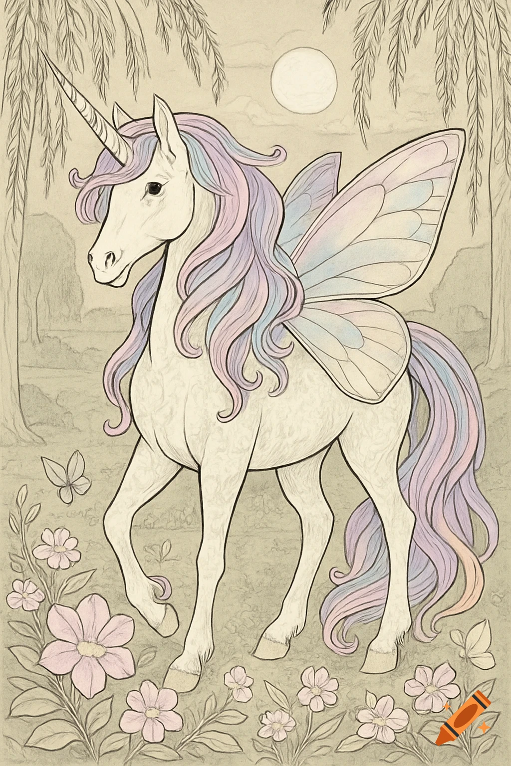 A winged unicorn with a pastel mane and tail, in a coloring book style, stands among flowers with willow trees and a moon in the background.