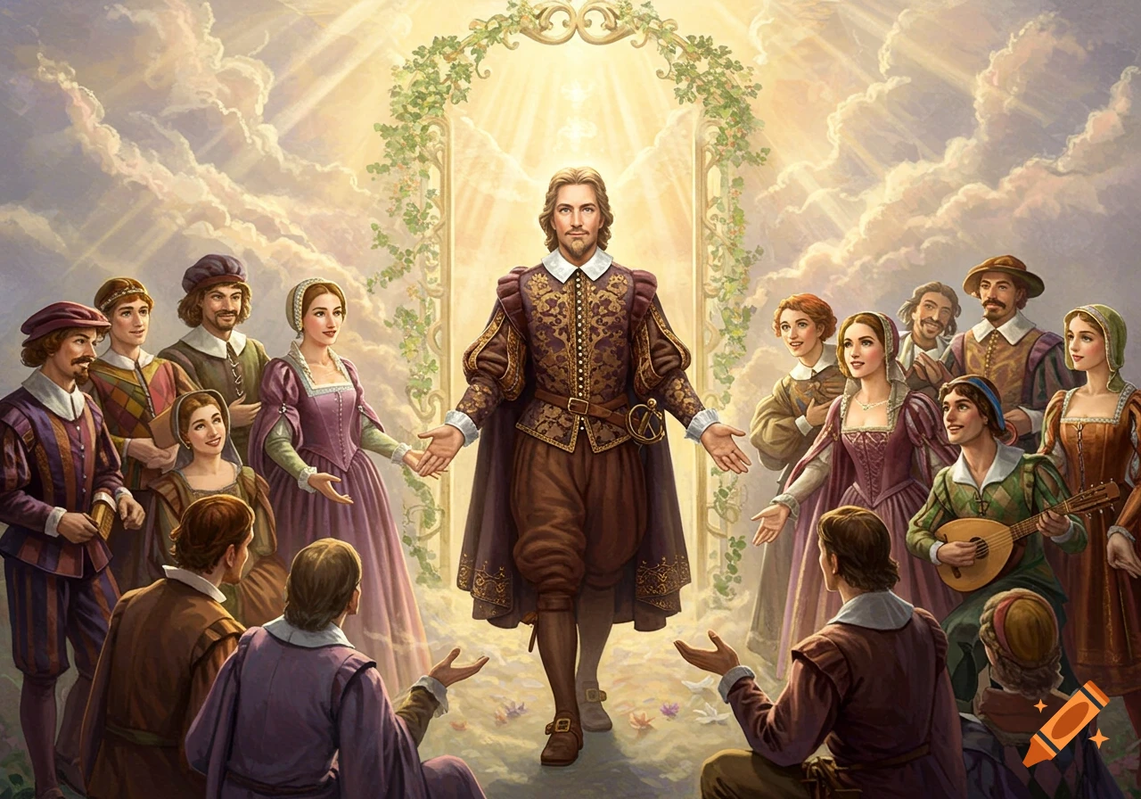 A man resembling Jesus in elaborate Renaissance attire stands under a glowing arch, welcomed by a diverse crowd in period costumes in a heavenly setting.
