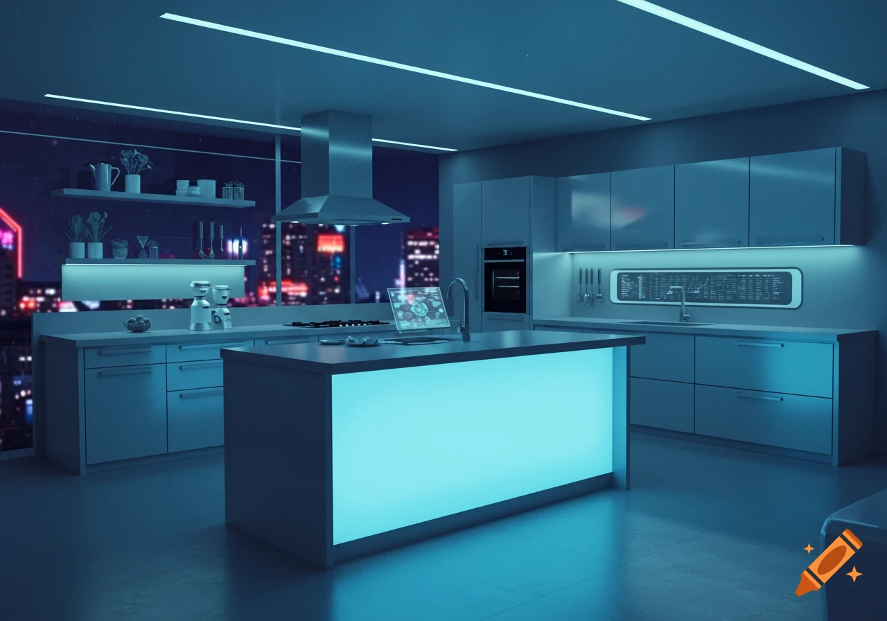 A modern, futuristic kitchen at night with cool blue lighting, a glowing island, and a city skyline visible through a large window.