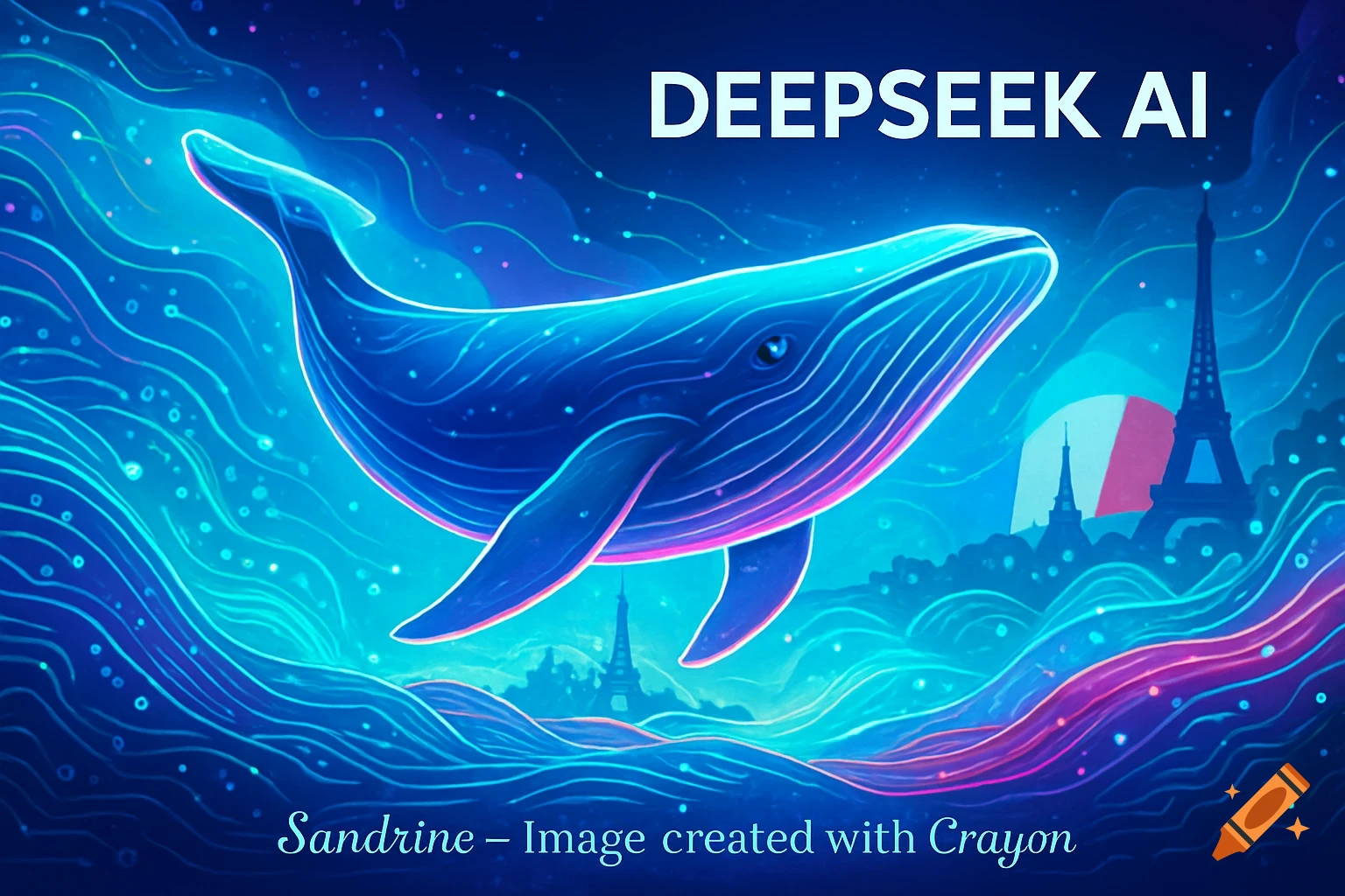 Vibrant digital art of a glowing blue whale swimming through neon data waves, with the Eiffel Tower in the background and 'DEEPSEEK AI' text.