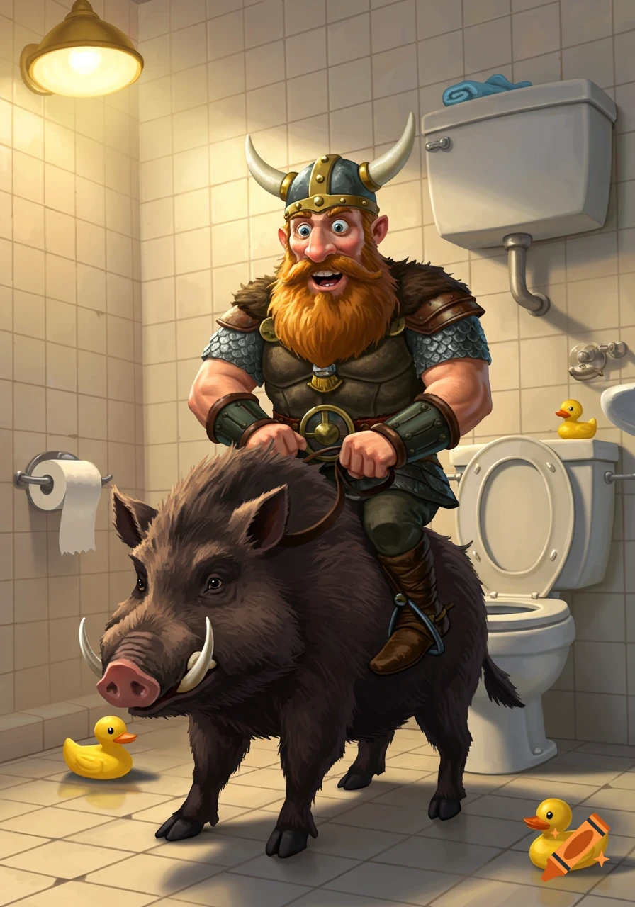 Cartoon dwarf in a viking helmet rides a wild boar through a bathroom with a toilet and rubber ducks.