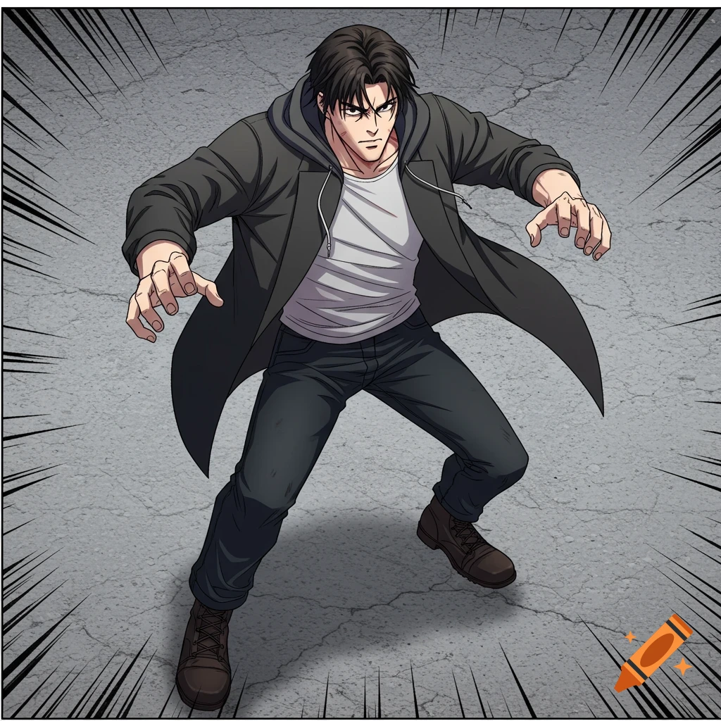 A man in a dark hoodie, white t-shirt, and jeans in a dynamic, defensive crouch, in a manhwa art style with speed lines on a cracked grey ground.