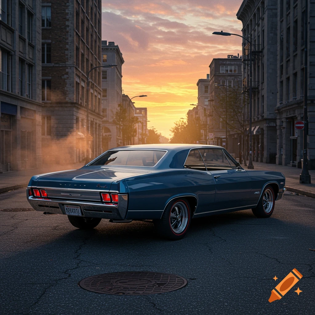 A blue classic 1967 Impala coupe parked on a city street at sunset, with buildings lining the street and a warm glow in the sky.
