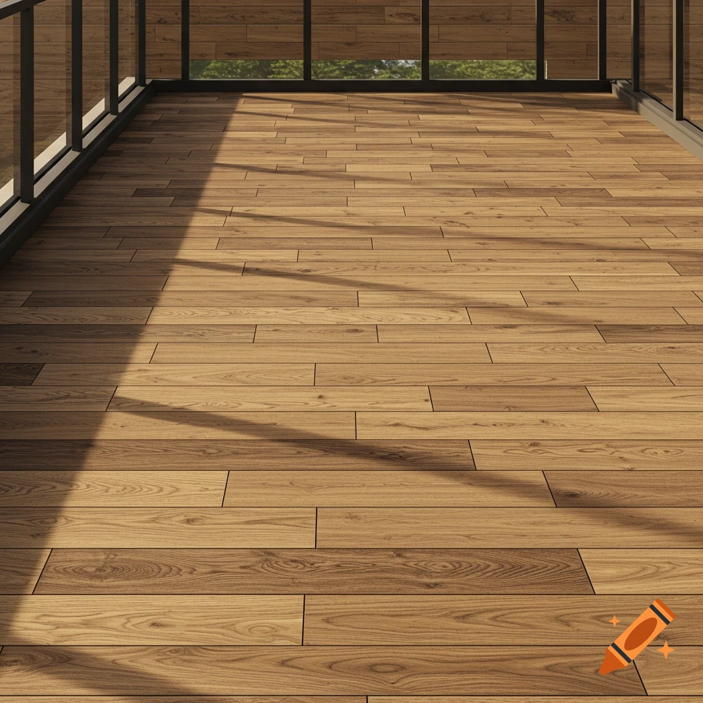 Photorealistic rendering of a modern balcony with warm wooden floor planks and a glass railing, bathed in sunlight.