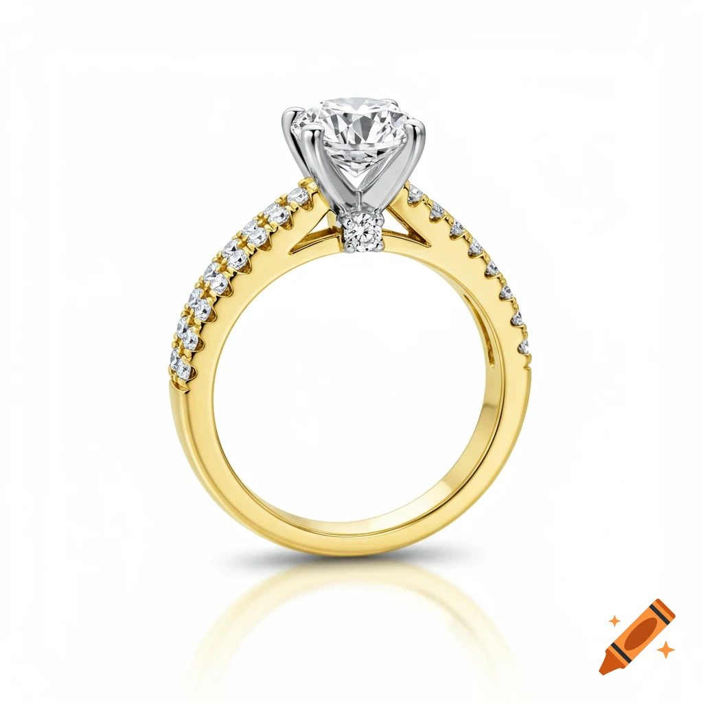 Photorealistic 18kt yellow gold engagement ring with a round brilliant solitaire diamond and diamond-studded bands.