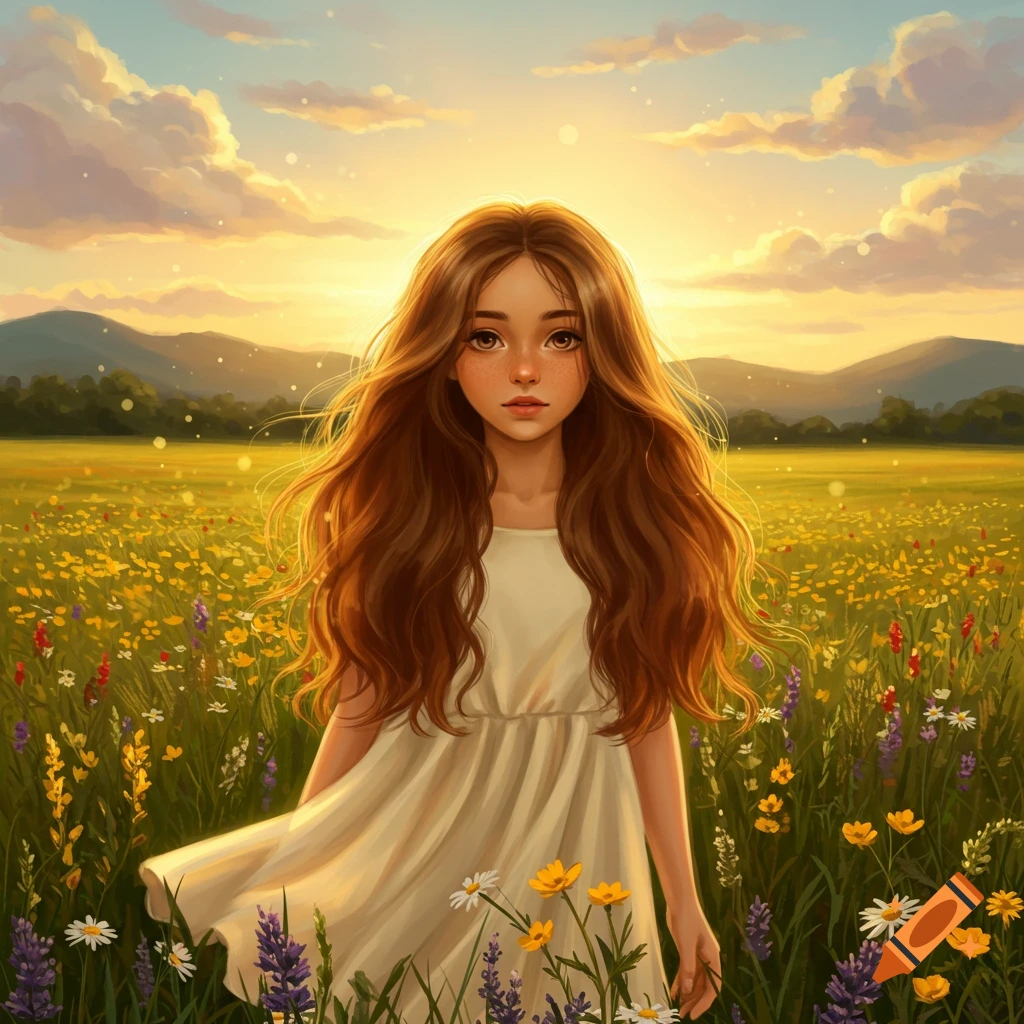 A beautiful illustration of a young girl with long brown hair in a white dress standing in a vibrant flower field at sunset.