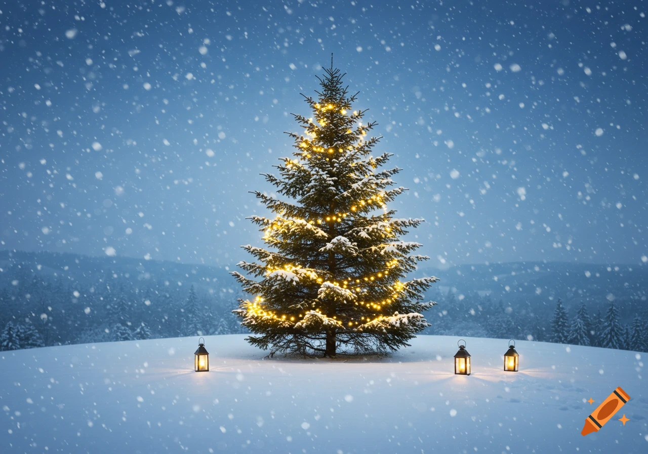 A snow-covered Christmas tree with golden lights stands in a vast snowy landscape with glowing lanterns under a blue winter sky.