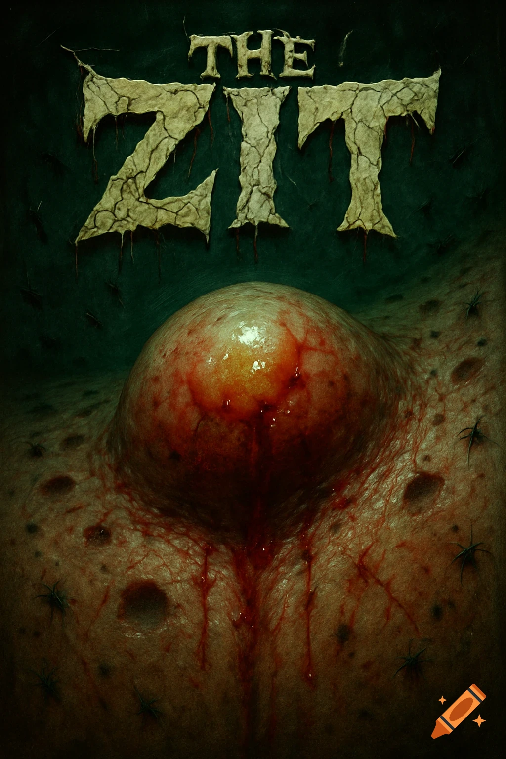 A horror poster featuring a massive, inflamed, bloody zit oozing pus, with small spider-like creatures on textured skin, and "THE ZIT" in cracked letters.