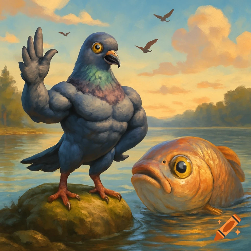 A muscular pigeon on a rock in a lake waves at a large fish, with a painted sunset sky.