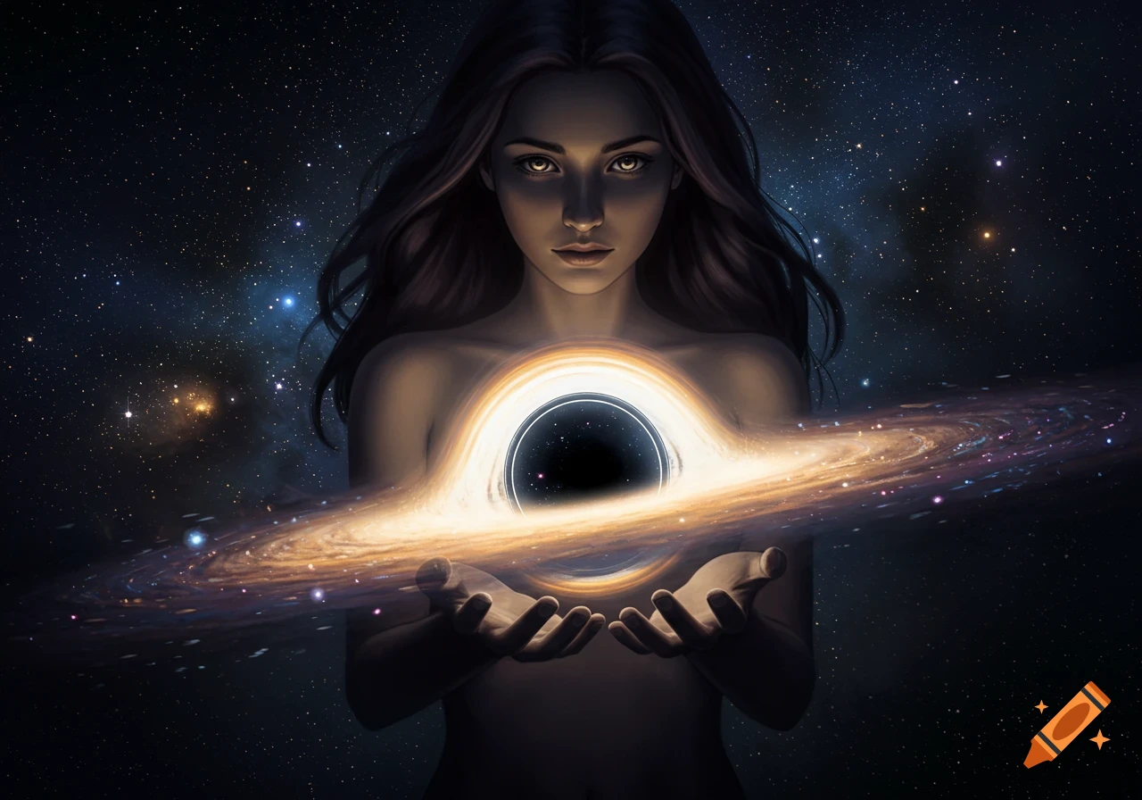 A cosmic woman with dark hair holds a glowing black hole with a swirling galaxy-like accretion disk against a starry space background in a digital art style.