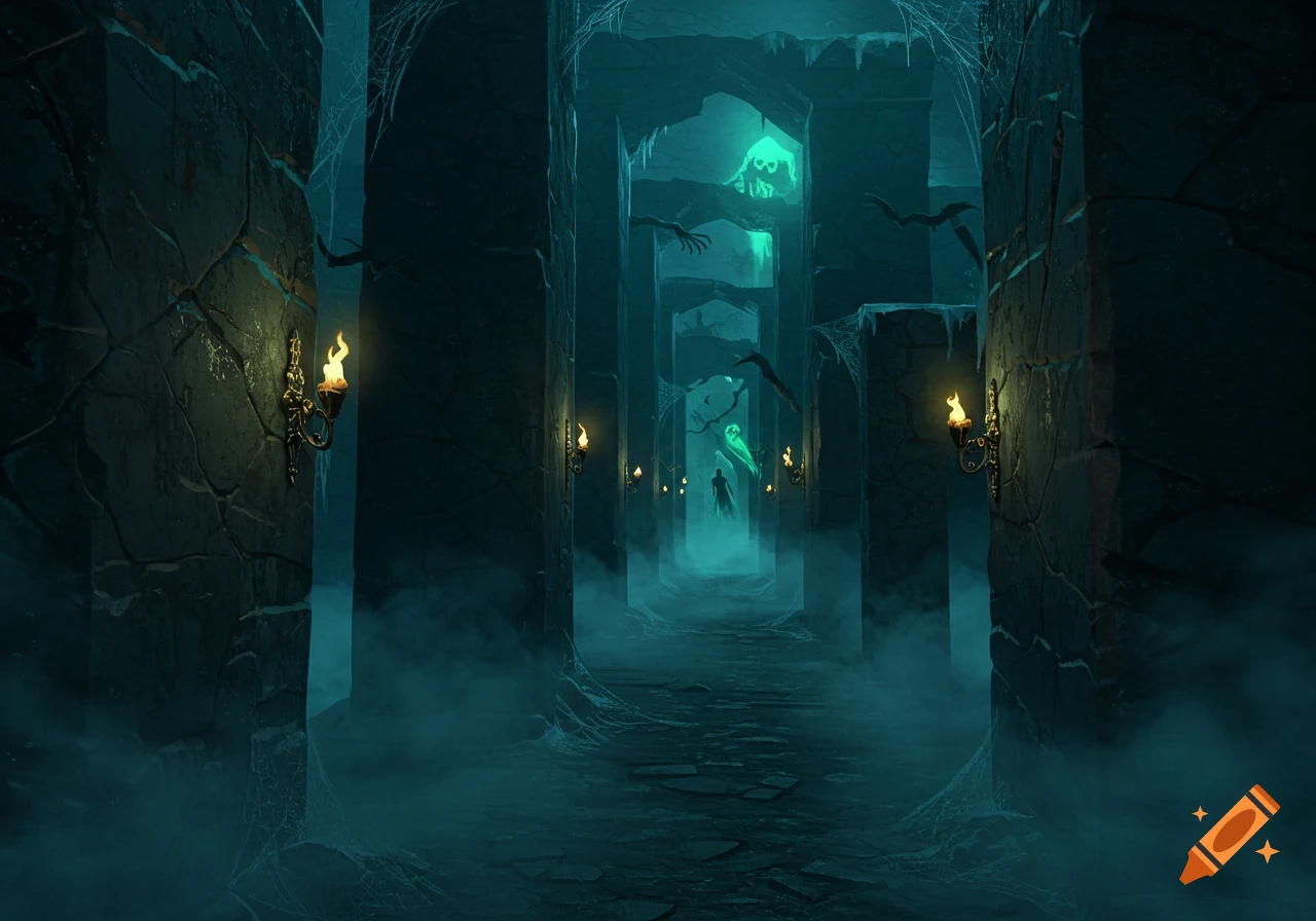 A dark, foggy fantasy maze with glowing green ghosts, bats, and torches illuminating stone pillars along a path.