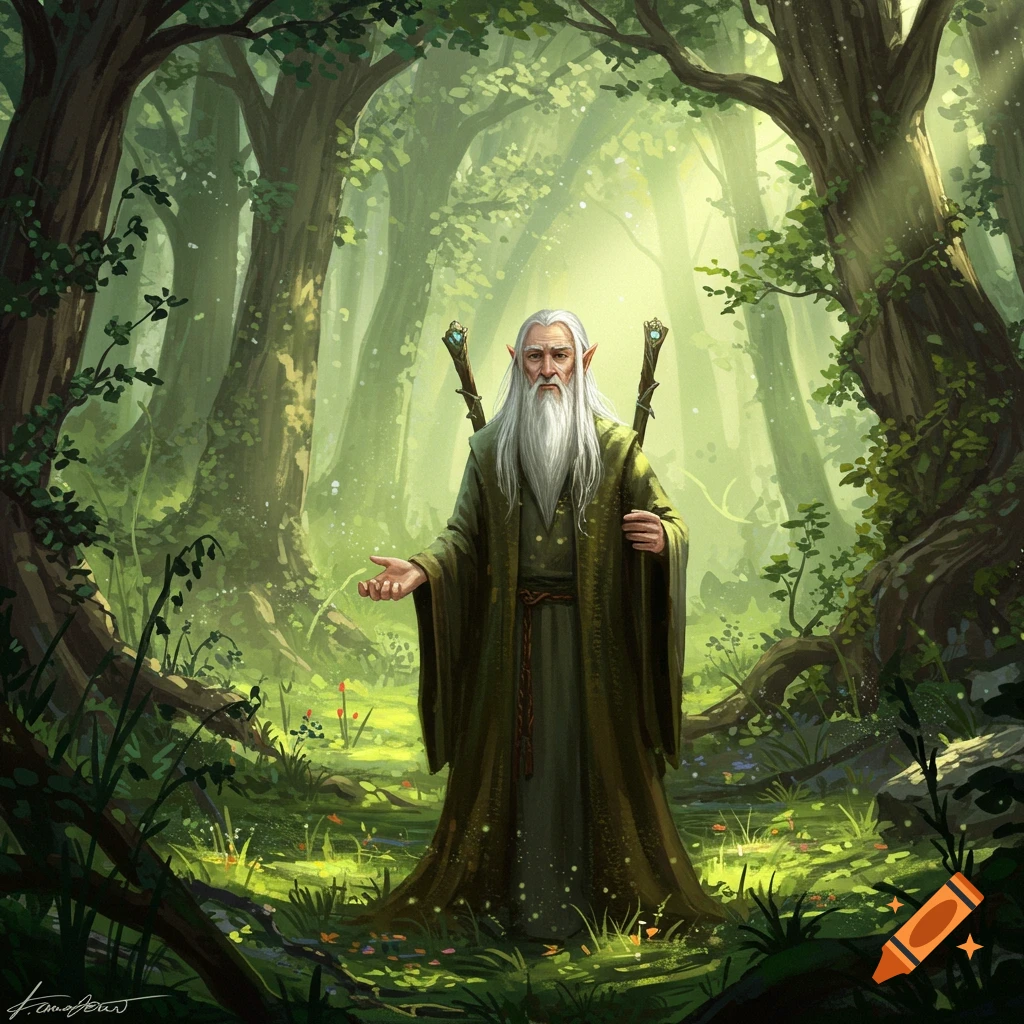 A wise old elven wizard with a long white beard, wearing green robes, stands in a magical sunlit forest.