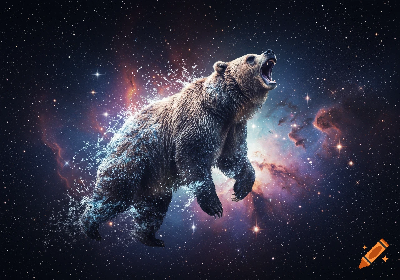 A roaring brown bear, partially transforming into splashing water, is suspended against a backdrop of a colorful starry galaxy.