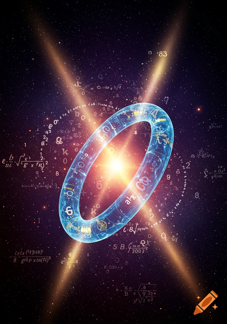 A glowing blue toroidal object surrounded by mathematical symbols and equations against a dark, starry cosmic background with bright light streaks.