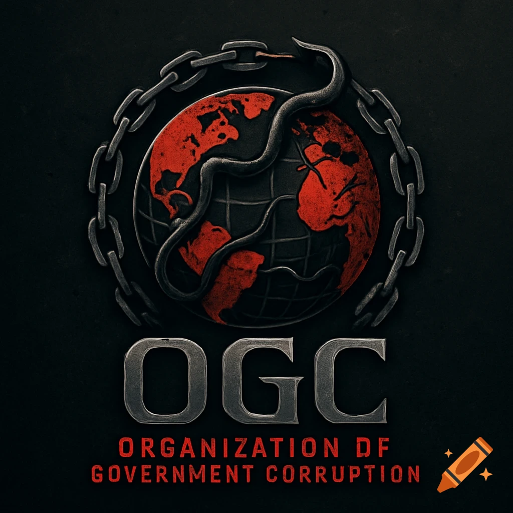 Dark, gritty logo featuring a red and black chained globe wrapped by a serpent, with text 'OGC ORGANIZATION OF GOVERNMENT CORRUPTION'.