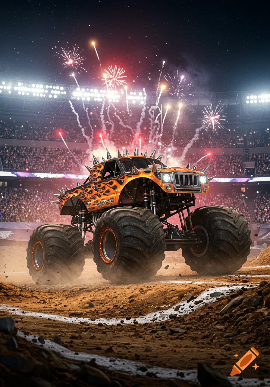 A custom monster truck with orange flames and spikes sits in a dirt arena under stadium lights and fireworks.
