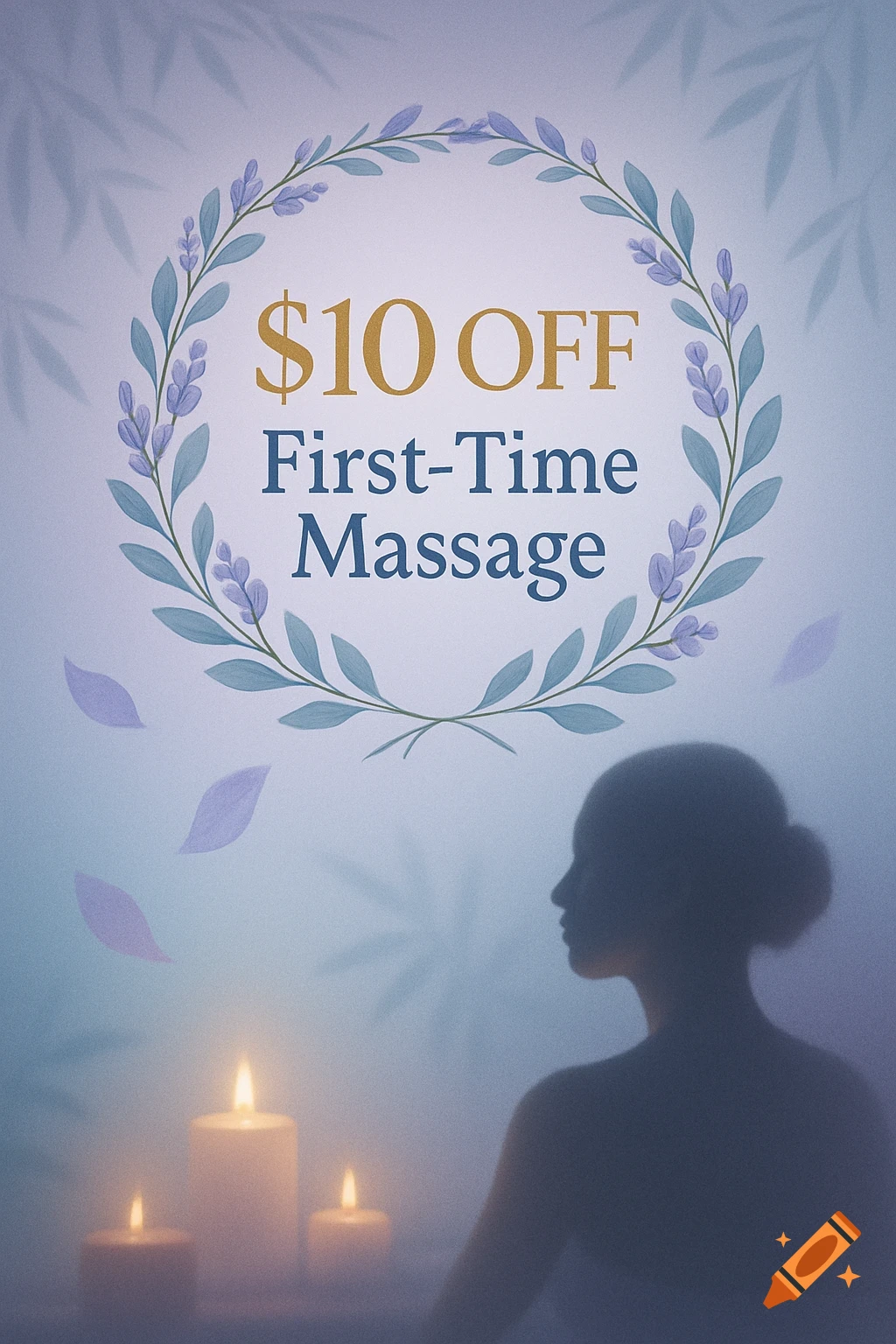 A spa promotion with text '$10 OFF First-Time Massage' in a lavender wreath, a person's silhouette, and candles in a misty setting.
