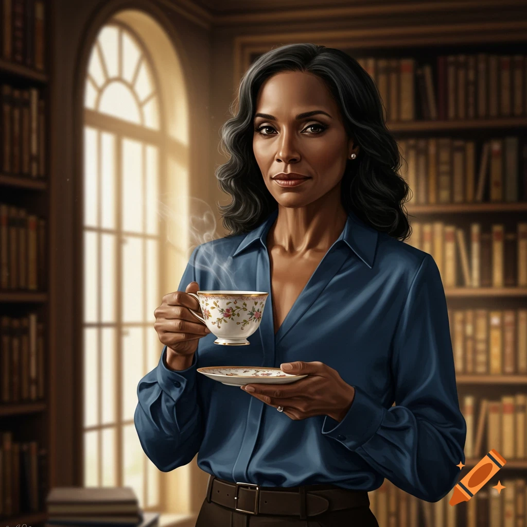 A photorealistic portrait of a woman holding a teacup and saucer in a library.