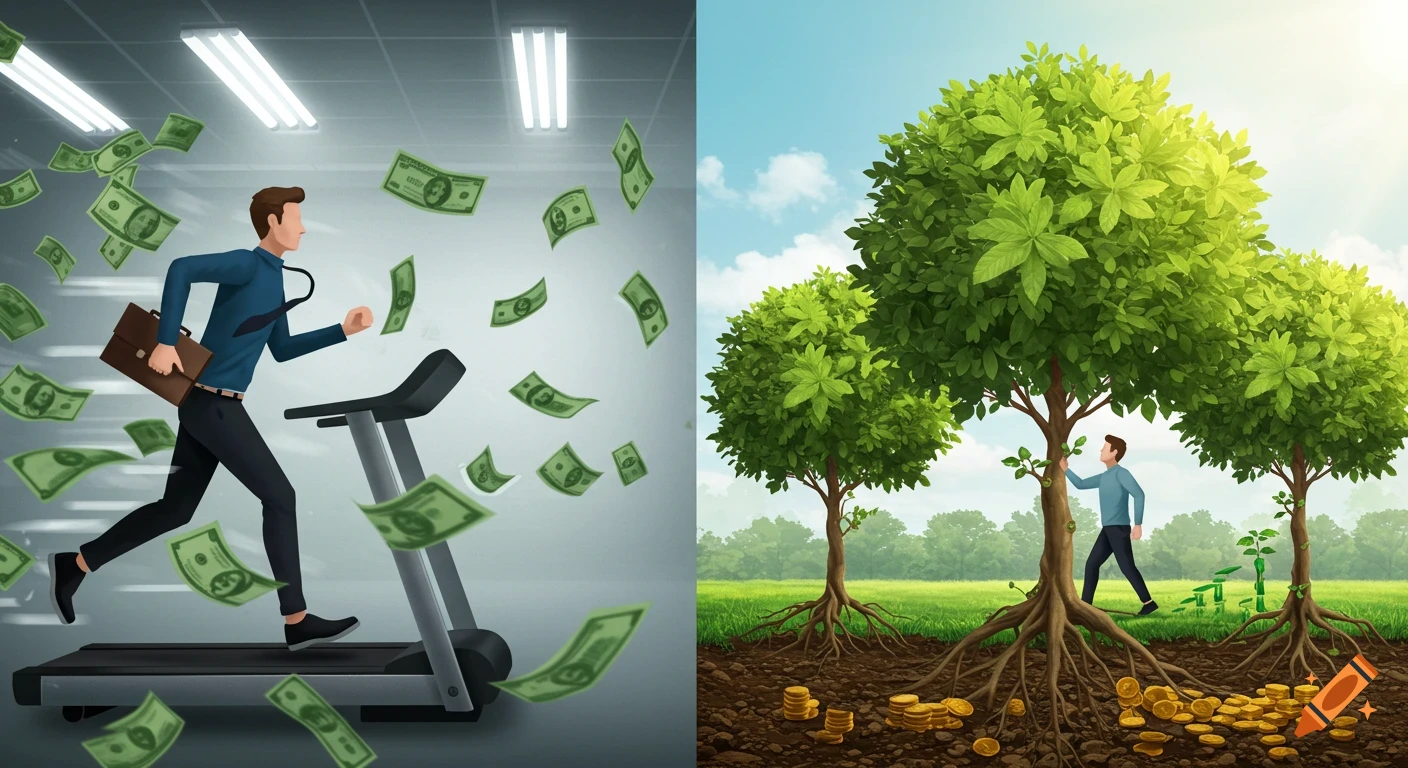 Split image showing a man running on a treadmill with flying dollars (left) and another man tending money trees with gold coins (right), conceptual art.
