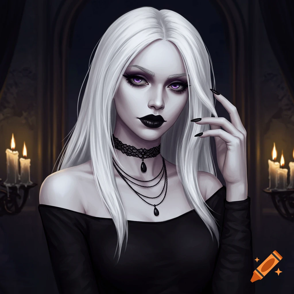 A pale woman with long white hair, purple eyes, and black lipstick wears a black off-shoulder top and gothic necklaces, with candles in the background.
