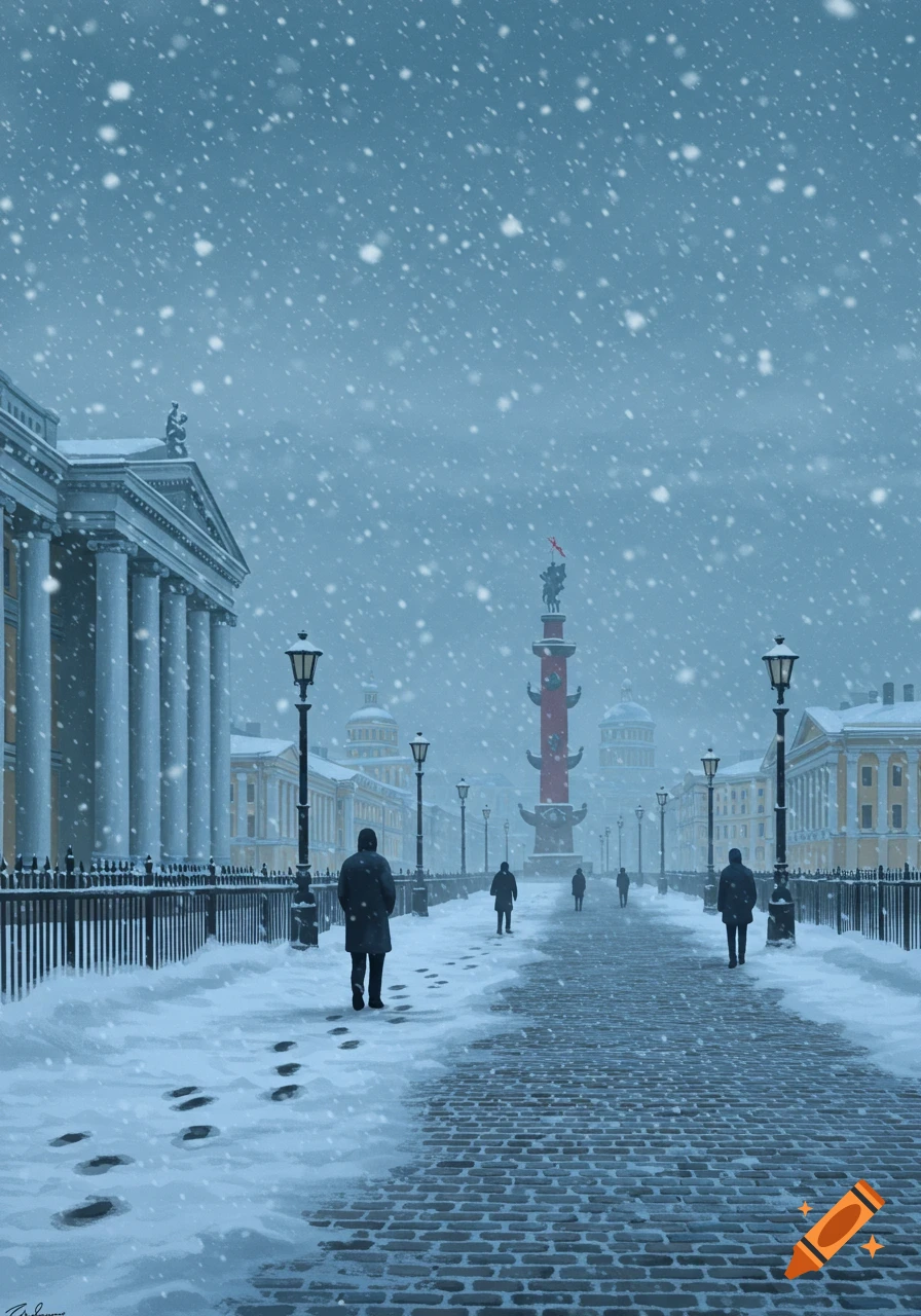 A digitally painted winter cityscape covered in snow, with pedestrians walking along a brick path between classical buildings and a red monument.